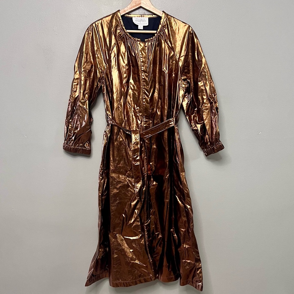 NWOT Mare Mare Shiny Copper Color Midi Dress/Button Up Trench Coat W/ Belt